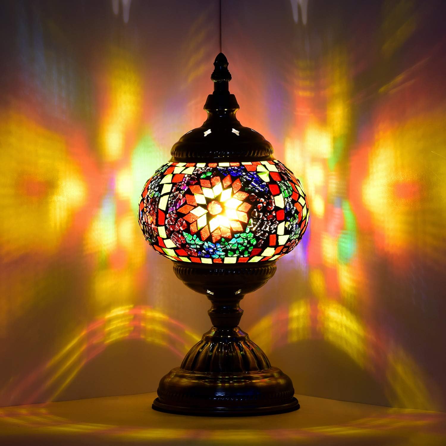 Turkish Mosaic Stained Glass Table Lamp, Single Globe with Bronze Base - Design 1