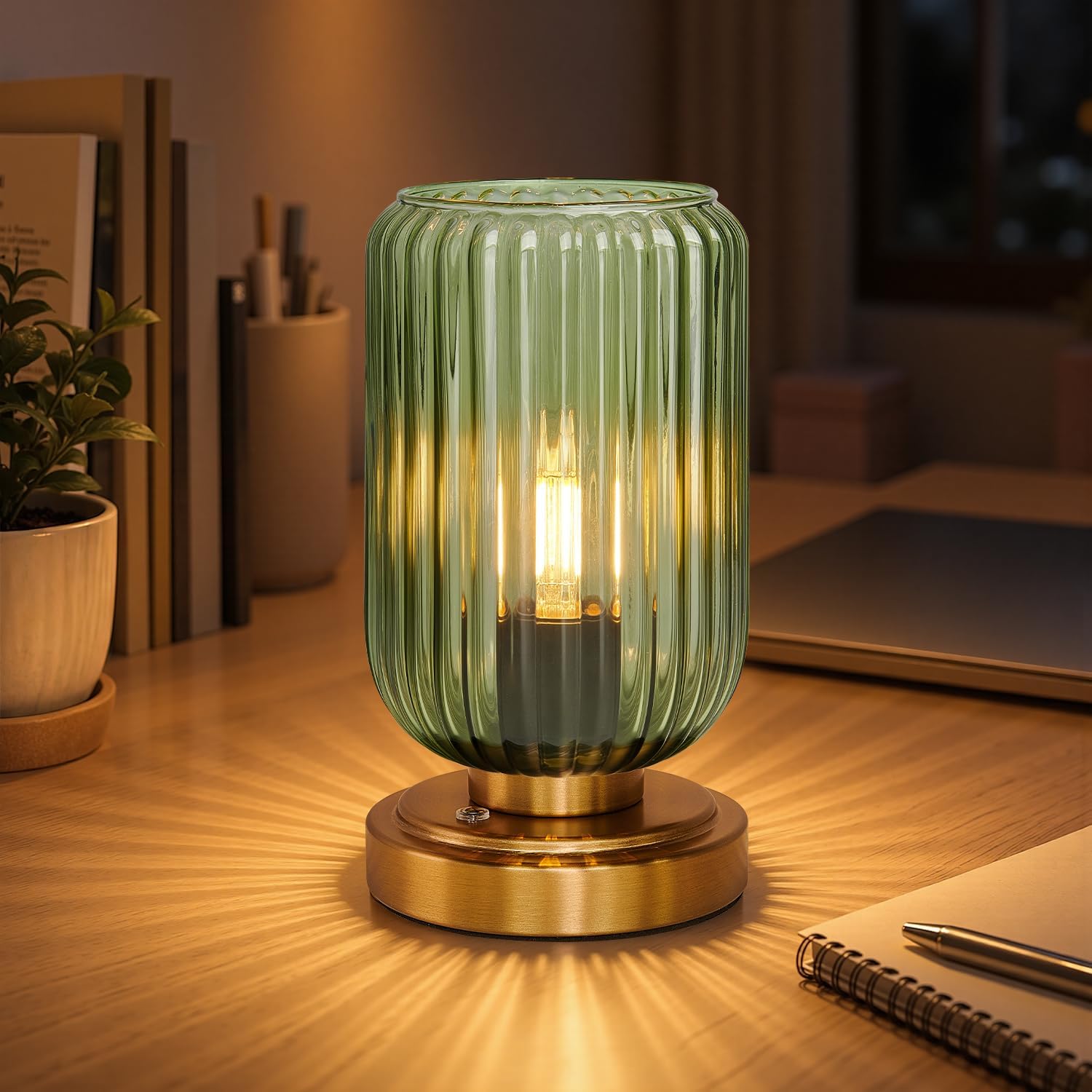 Cordless Table Lamp, 7500 mAh - Green Glass Shade, Brushed Gold Base, Touch Dimming