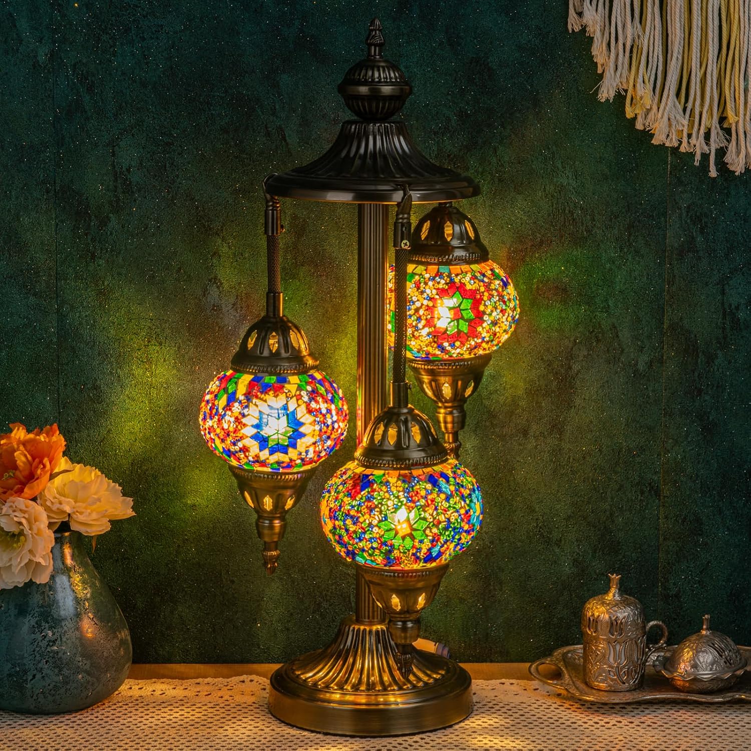 Turkish Mosaic Table Lamp with 3 Globes, 23 in - Handmade, Bronze Base