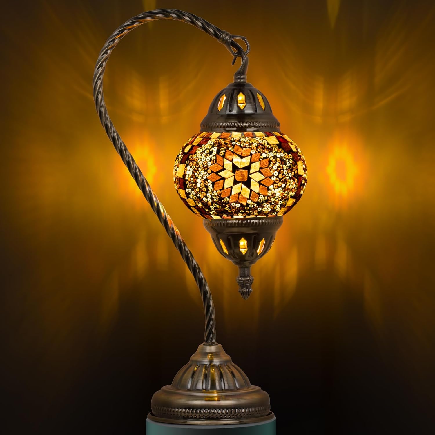 Turkish Mosaic Stained Glass Table Lamp with Swan Neck - Handmade, Bronze Base