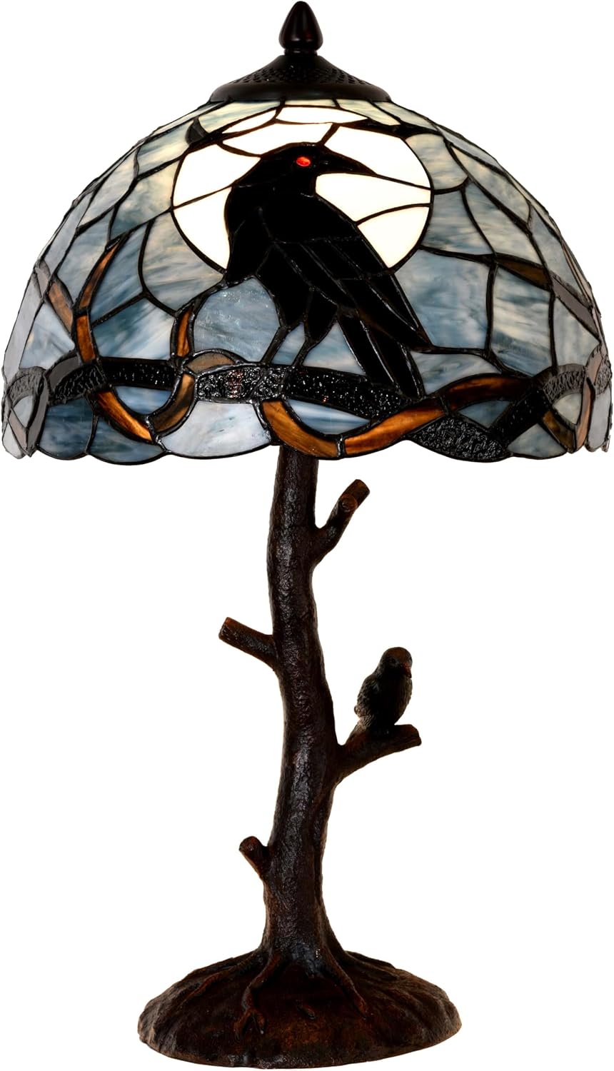 Stained Glass Table Lamp, Raven on a Branch Under a Full Moon - 12 x 20 in, Dark Blue