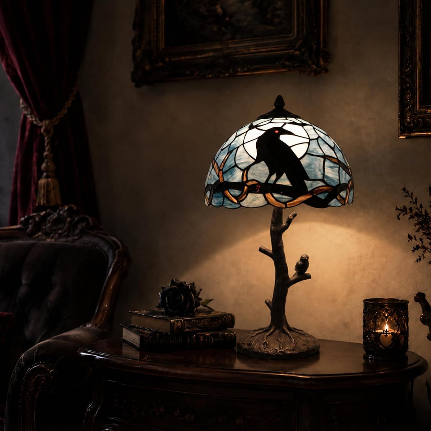 Stained Glass Table Lamp, Raven on a Branch Under a Full Moon - 12 x 20 in, Dark Blue