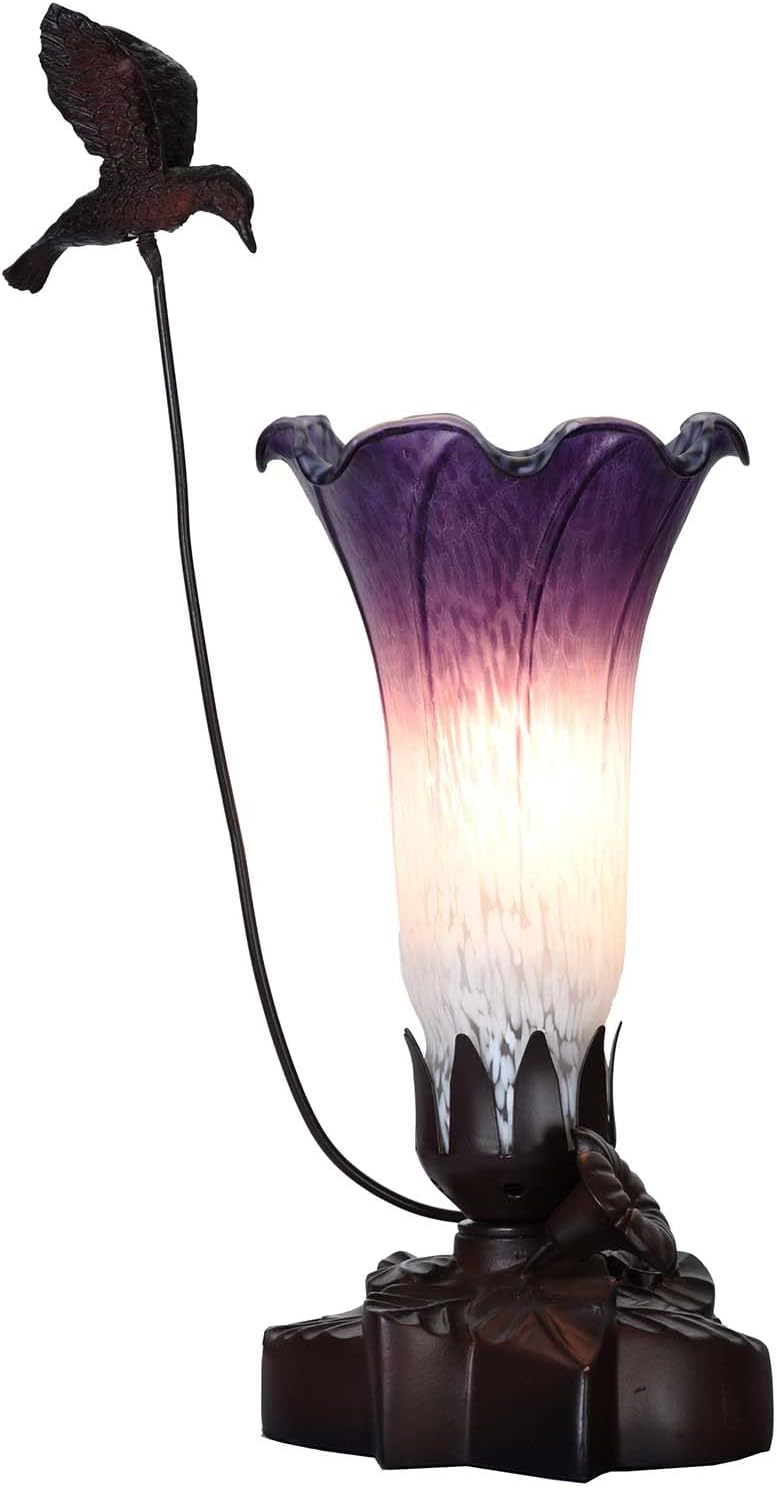 Blown Glass Table Lamp, Hummingbird and Lily - 4.25 x 12 in, White Indigo
