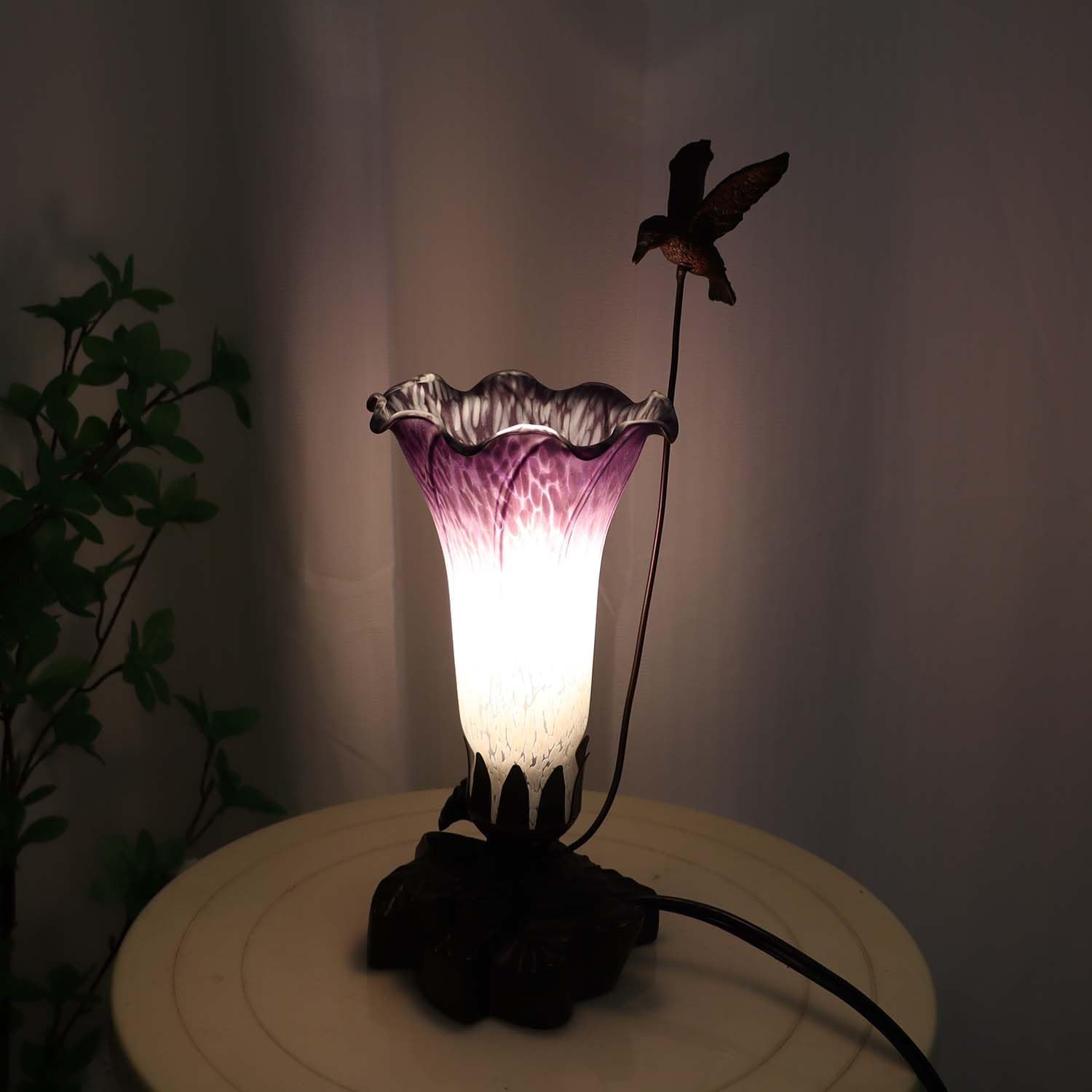 Blown Glass Table Lamp, Hummingbird and Lily - 4.25 x 12 in, White Indigo