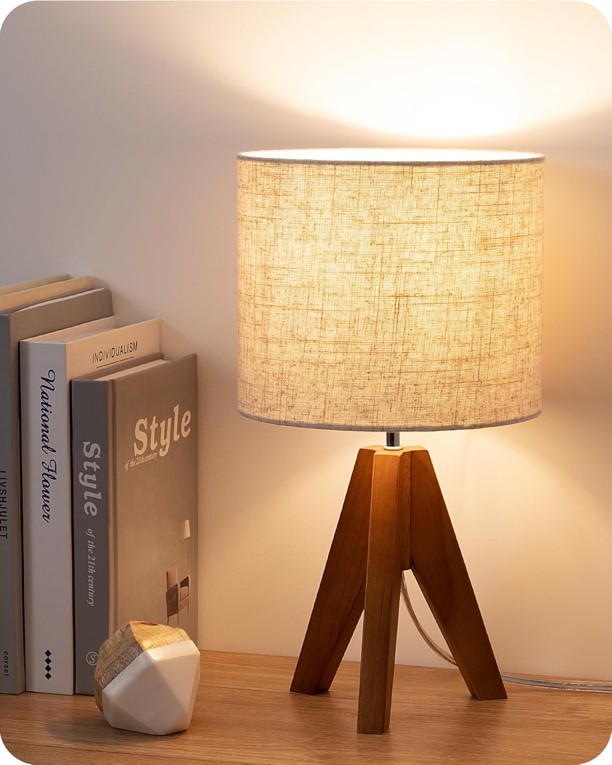 Tripod Table Lamp, 14.2 in - Wooden Base, Linen Beige Shade, E26 Fitting
