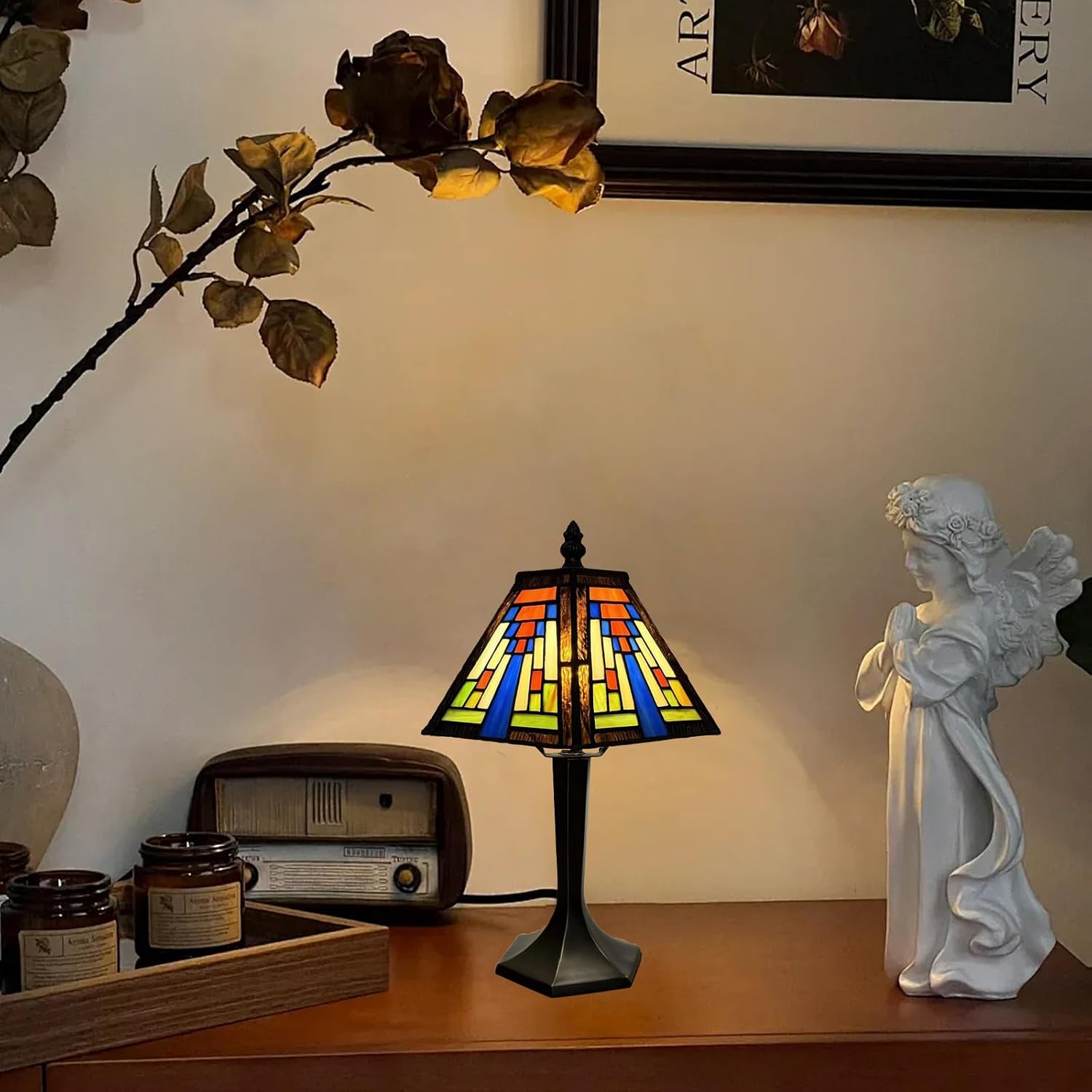 Geometric Stained Glass Table Lamp, 8 x 8 x 12 in - 3 Colour Temperature LED Bulb Included