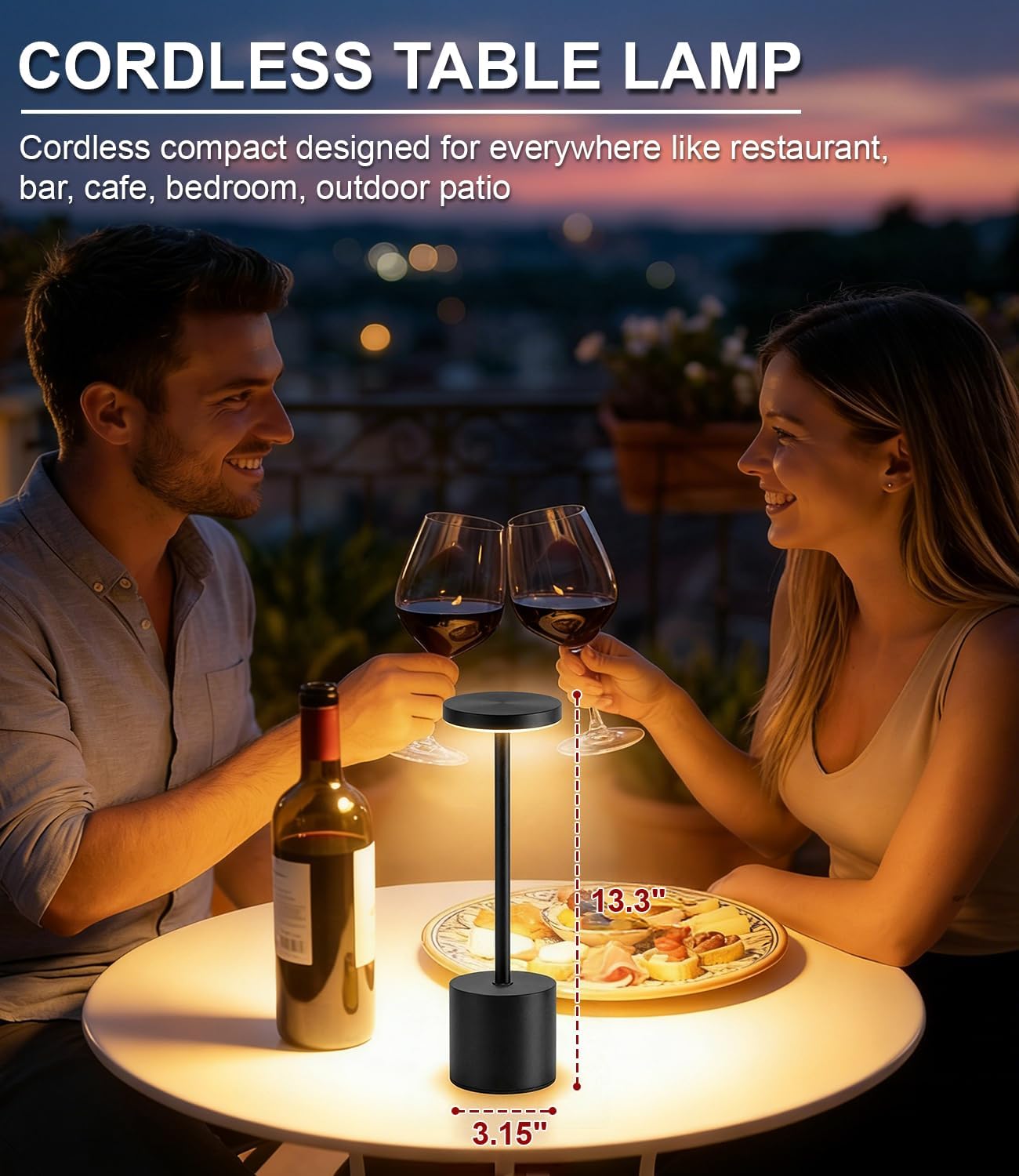 Cordless Rechargeable Table Lamps, 5000 mAh - Set of 2, 3 Colour Dimming, Black