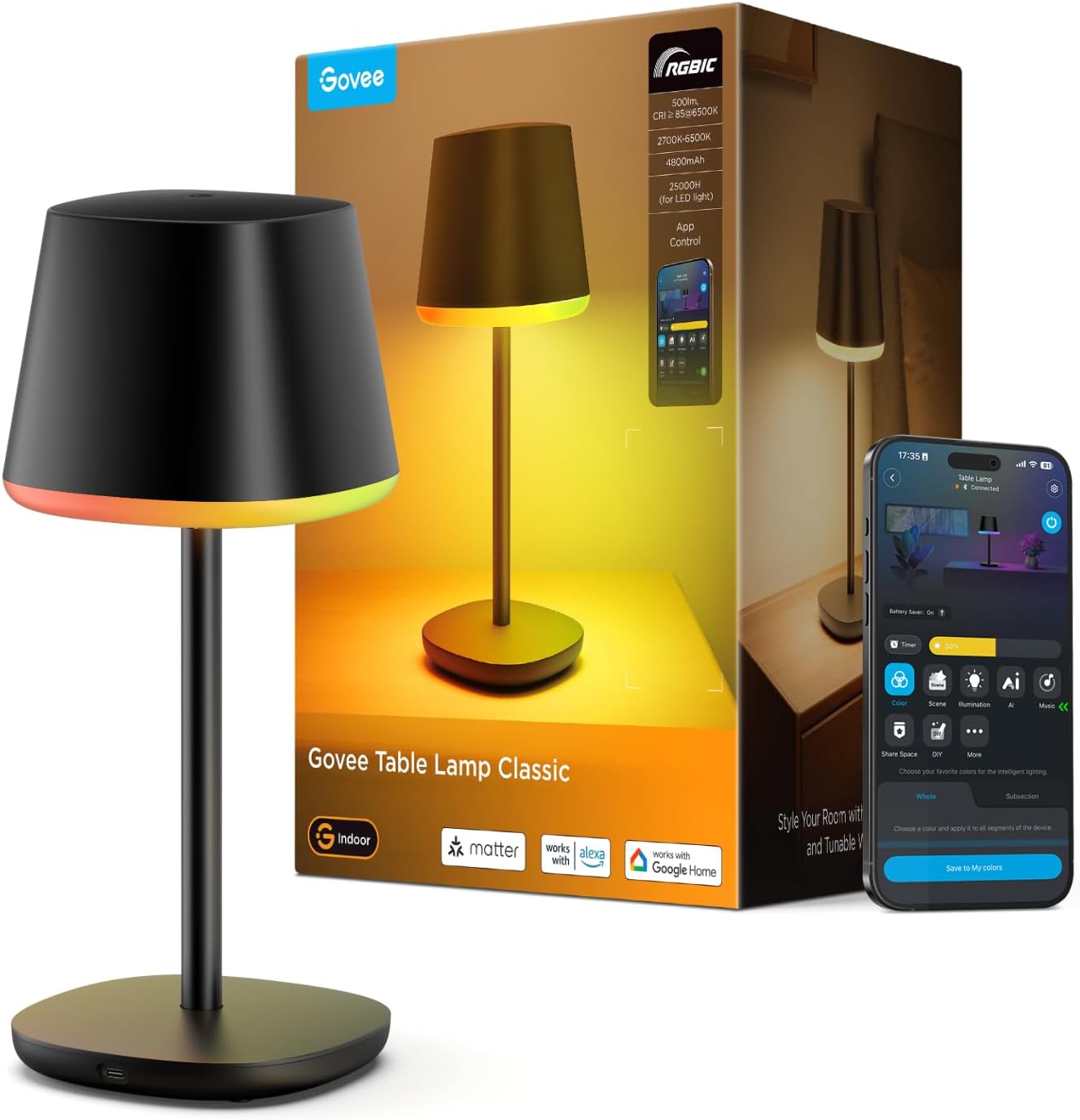 Smart Cordless RGBIC Table Lamp - App Controlled, Adapter Not Included