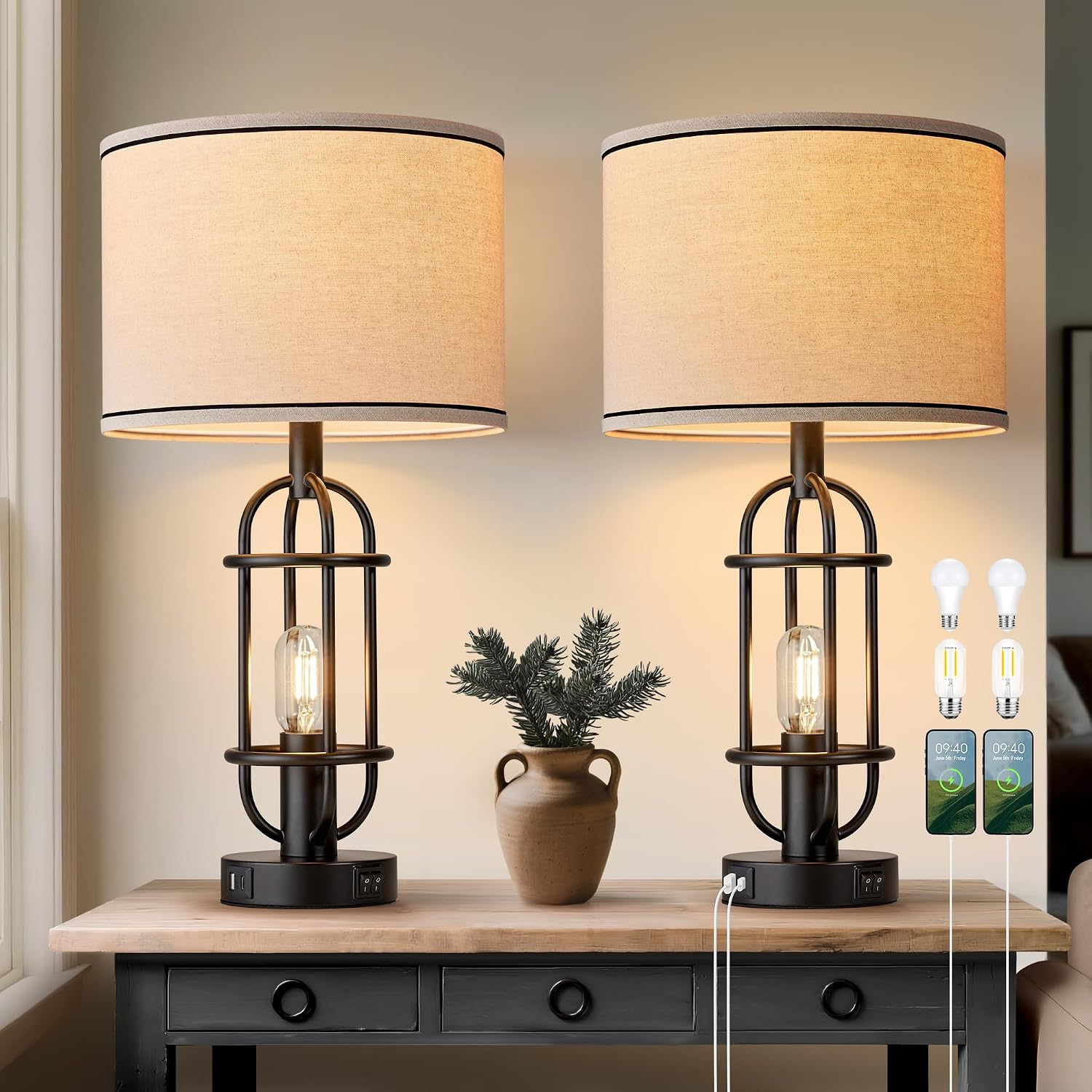Farmhouse Table Lamps, 22.3 in - Set of 2, Black with USB Ports and Bulbs Included
