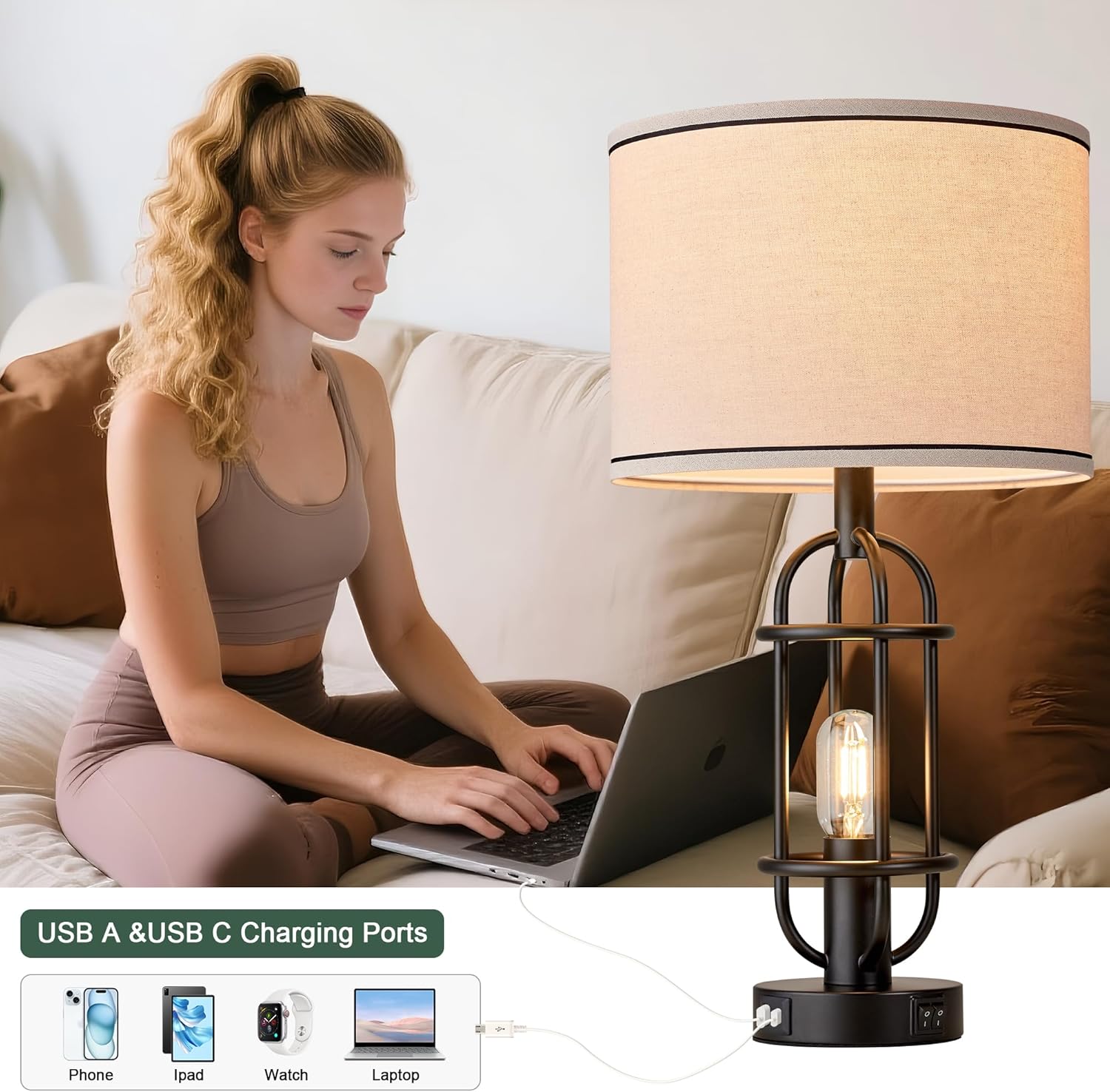 Farmhouse Table Lamps, 22.3 in - Set of 2, Black with USB Ports and Bulbs Included