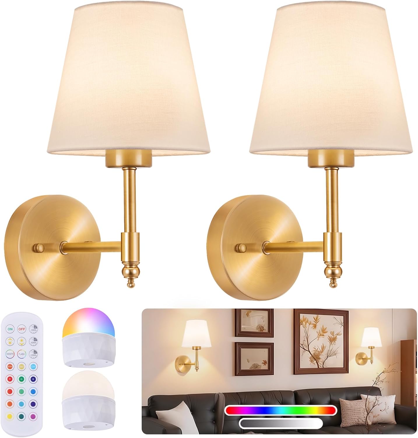 Battery Operated Wall Sconces, 5200 mAh - Set of 2, Fabric Shade, Remote, 15 Colours
