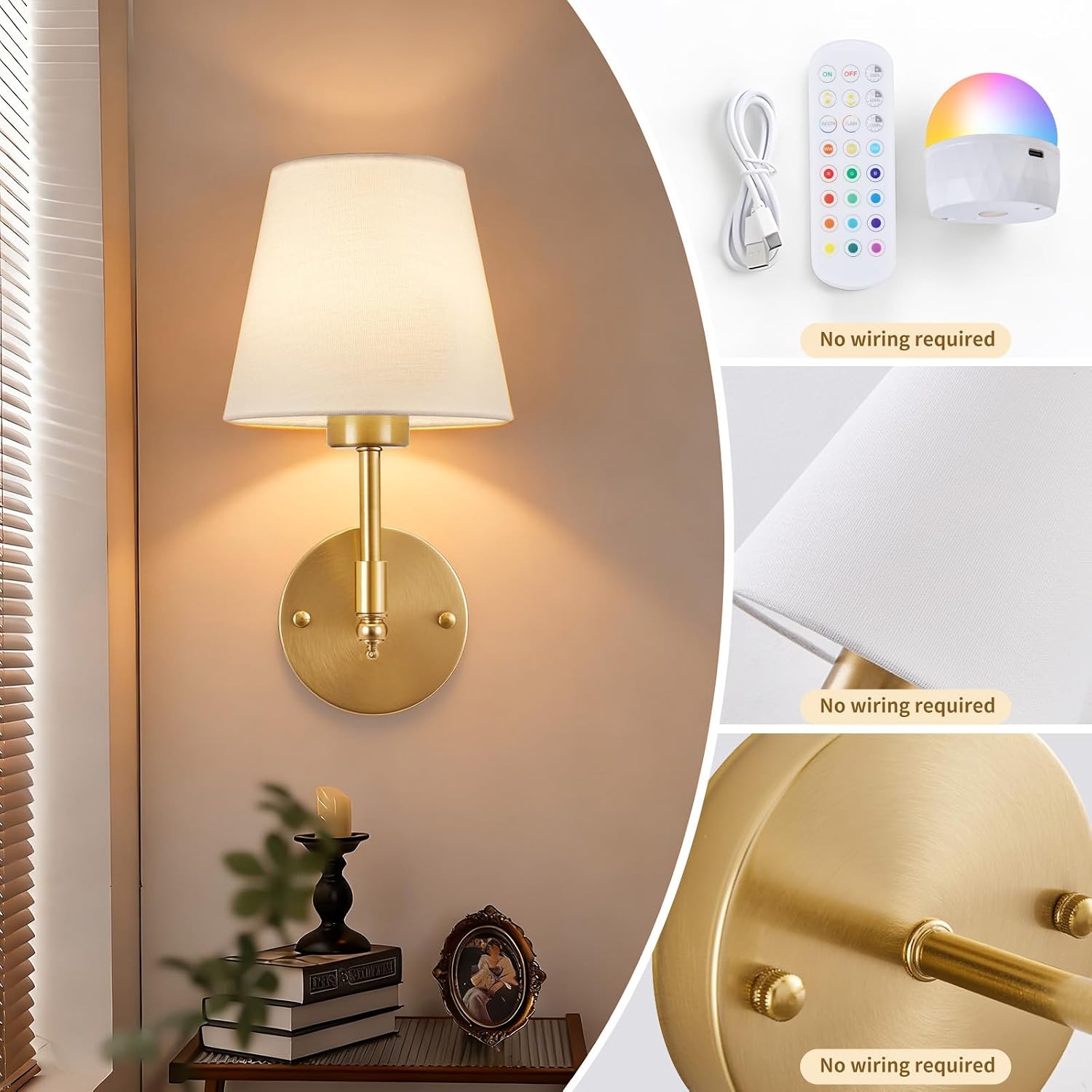 Battery Operated Wall Sconces, 5200 mAh - Set of 2, Fabric Shade, Remote, 15 Colours