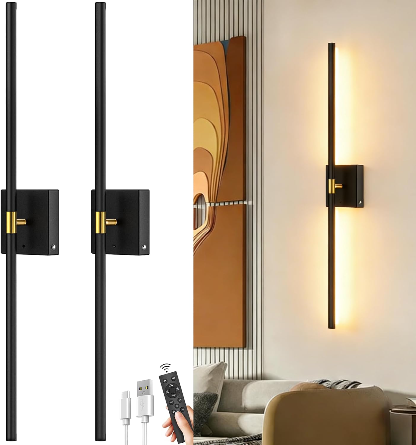 Rechargeable Magnetic Wall Sconces, 10000 mAh - Set of 2, 360 Degree Rotating, 31.7 in