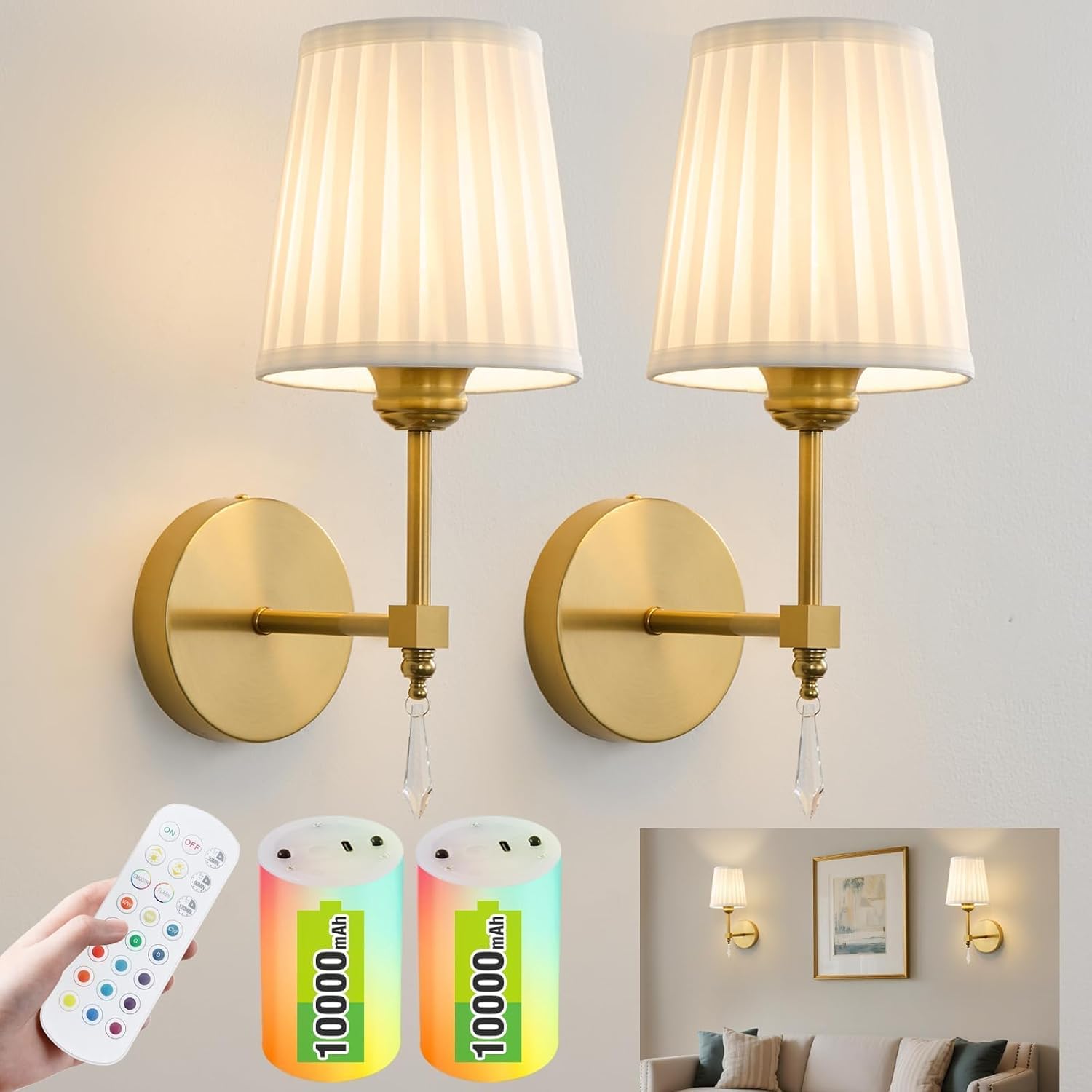 Rechargeable Wall Sconces, 10000 mAh - Set of 2, Gold Fabric Shade, 12 Colours, Remote