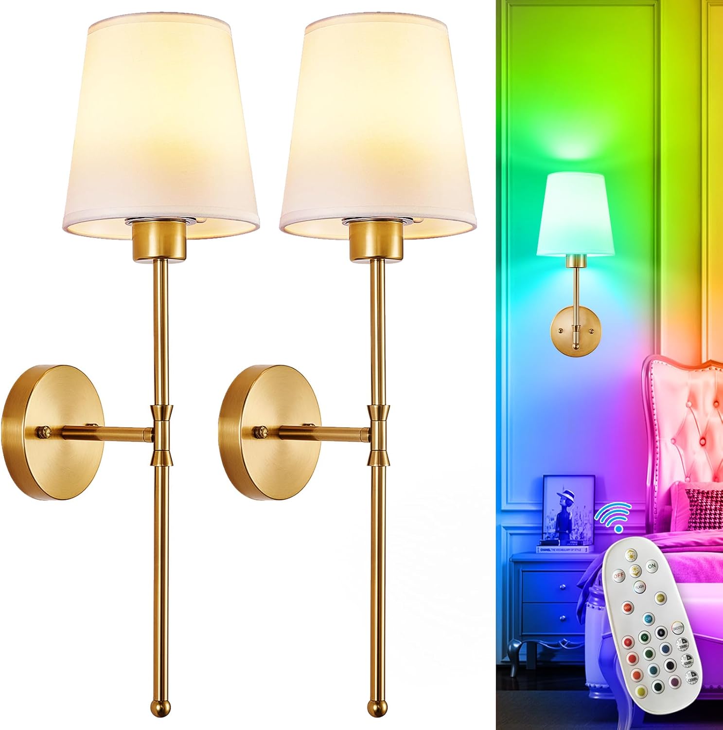Rechargeable Wall Sconces with Dimmable Bulbs, 10000 mAh - Set of 2, Gold, 15 Colours