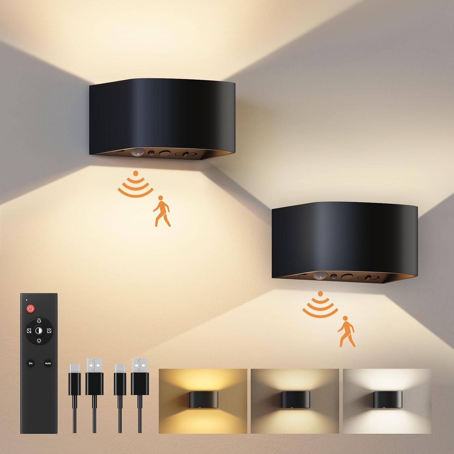 Motion Sensor Wall Lights, 5000 mAh - 2 Pack, Up and Down Sconce with Remote