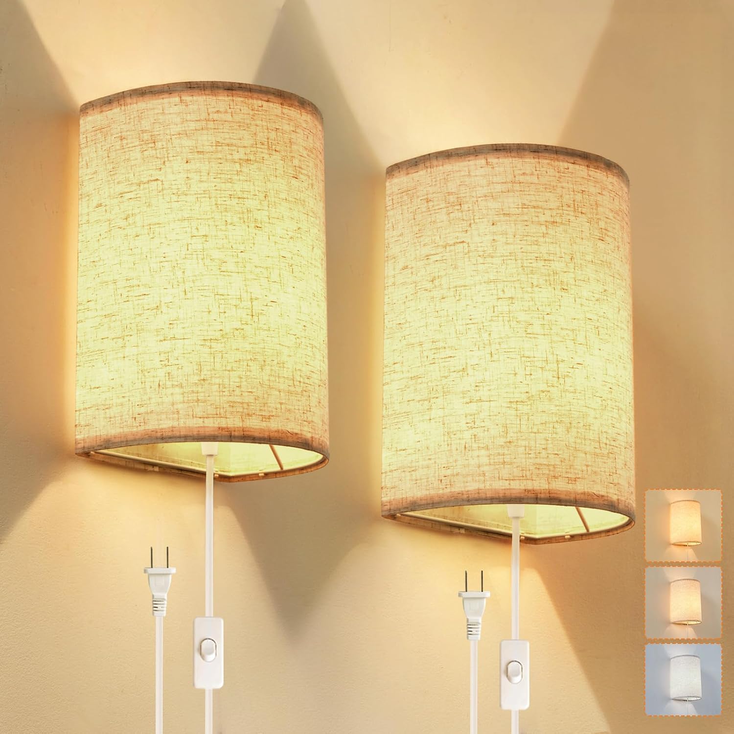 Plug-In Wall Sconces with On/Off Switch - Set of 2, Industrial, 3 Colour Modes