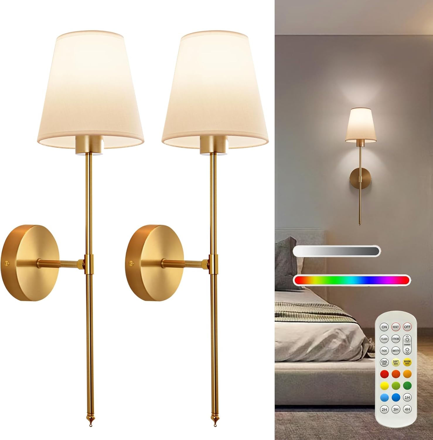 Rechargeable Wall Sconces, 5200 mAh - Set of 2, Gold, 15 Colour RGB with Remote