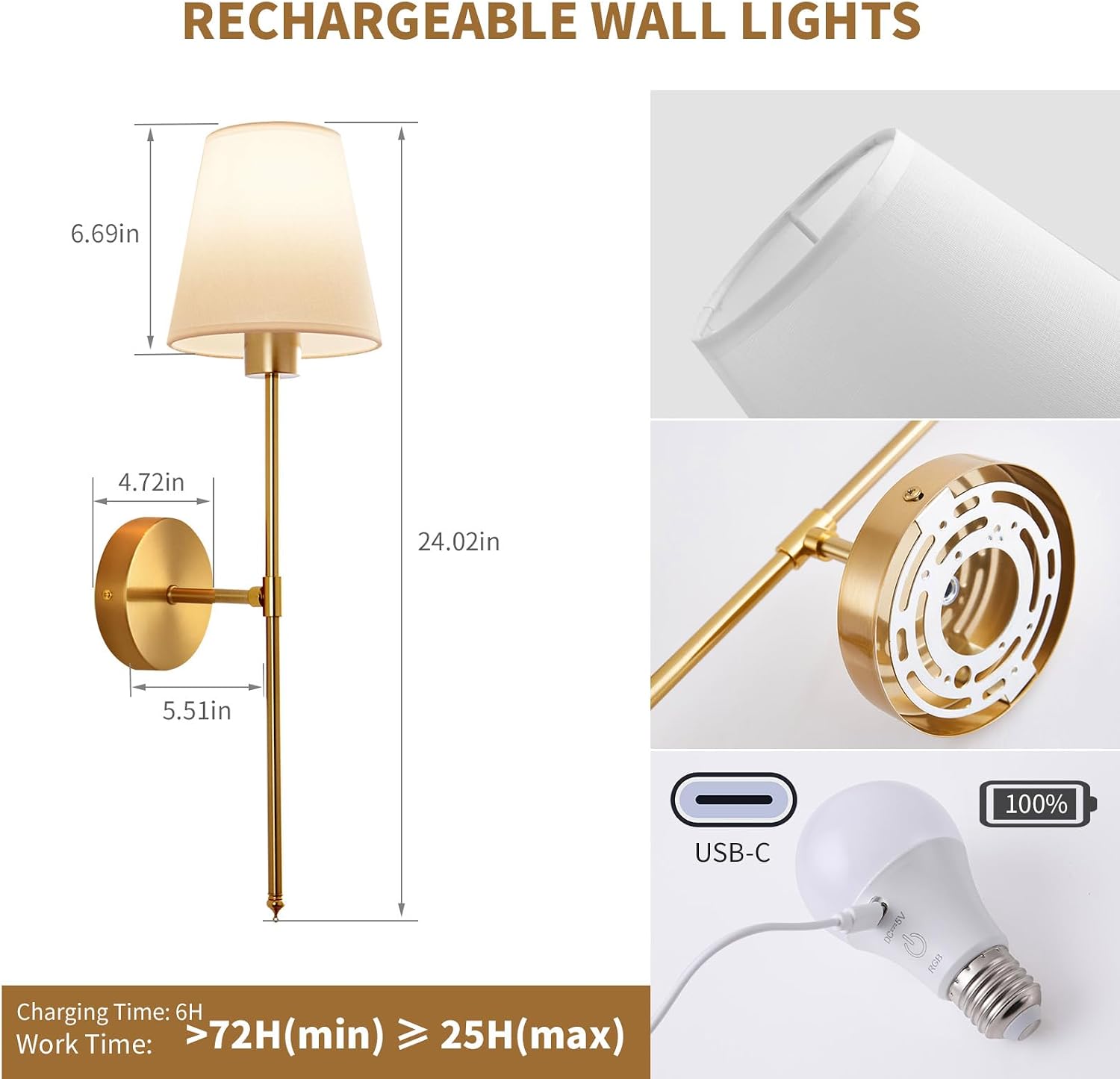 Rechargeable Wall Sconces, 5200 mAh - Set of 2, Gold, 15 Colour RGB with Remote