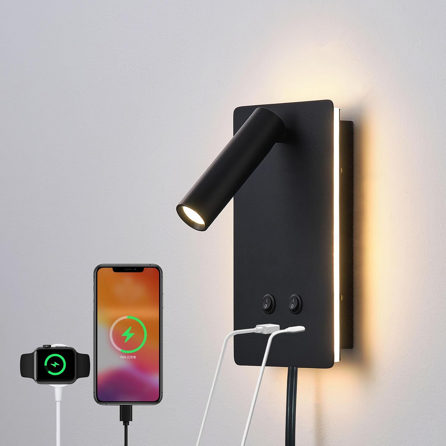 Headboard Reading Light with USB-C and USB-A Ports - 9 W Plus 3 W Night Light, 3000K, Black