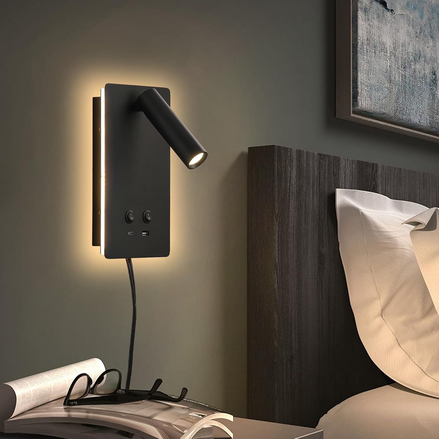 Headboard Reading Light with USB-C and USB-A Ports - 9 W Plus 3 W Night Light, 3000K, Black