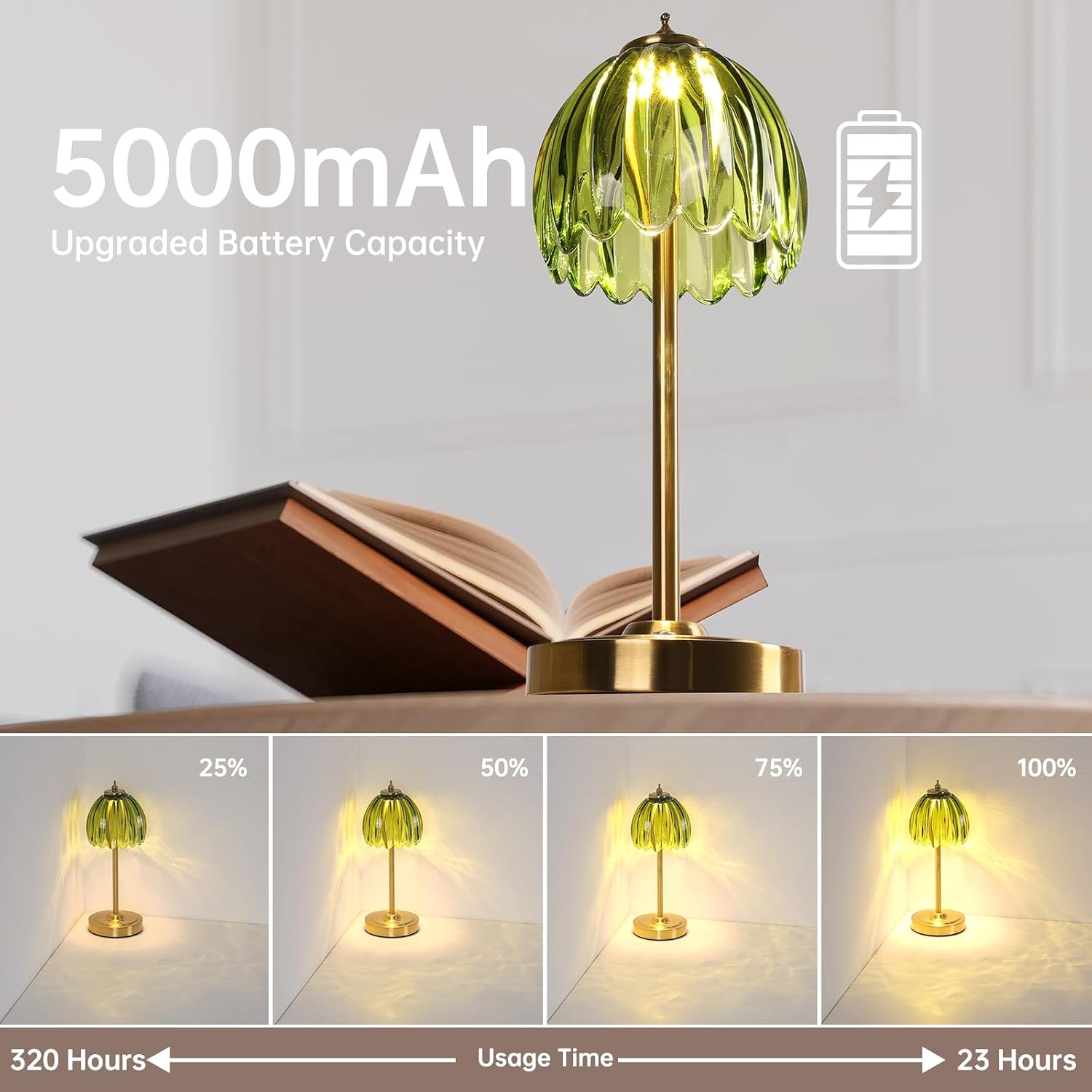 Tulip Cordless Table Lamp, 5000 mAh - Touch Control, 3 Colours, Green