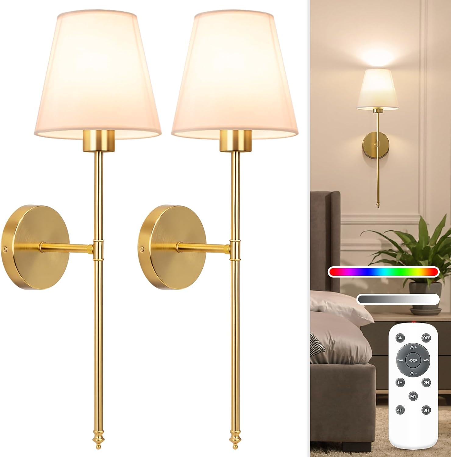 Rechargeable Wall Sconces, 10400 mAh - Set of 2, Gold, 10 Colours with Remote