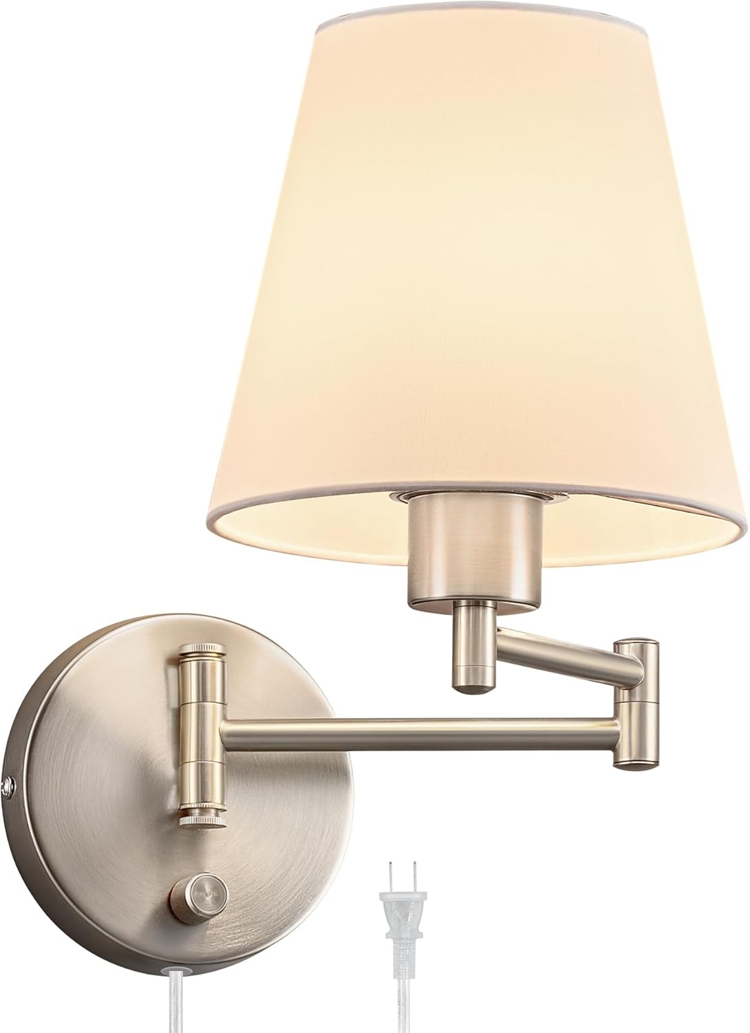 Swing Arm Wall Lamp, Nickel Finish - Plug-In or Hardwired, White Fabric Shade