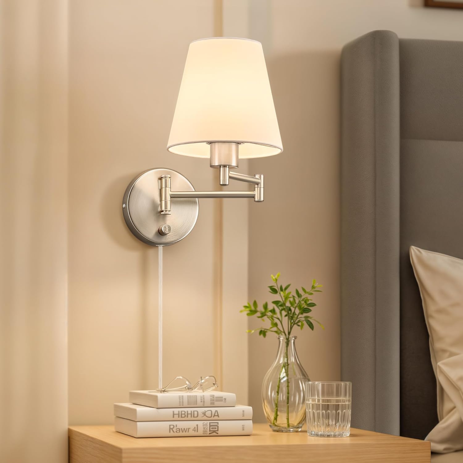 Swing Arm Wall Lamp, Nickel Finish - Plug-In or Hardwired, White Fabric Shade