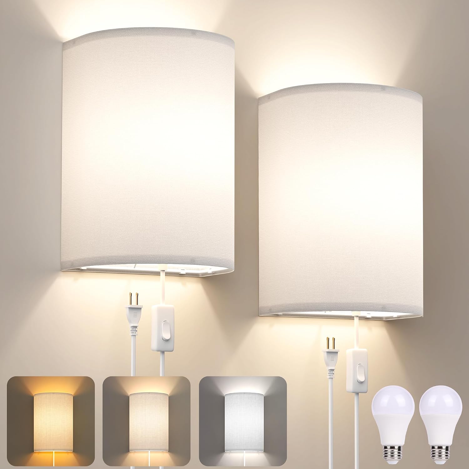 Plug-In Wall Sconces with Linen Shades - Set of 2, Stepless Colour Temperature