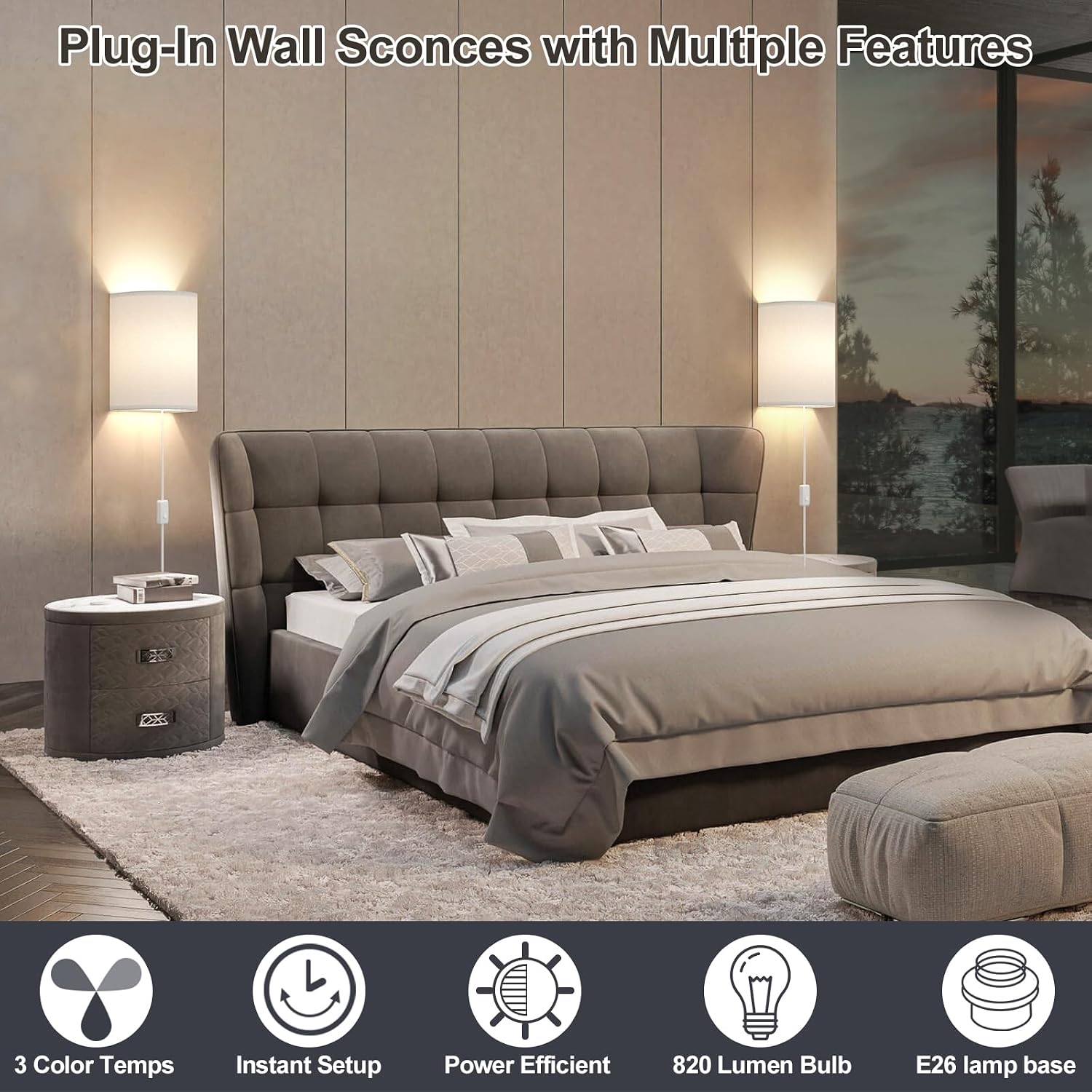 Plug-In Wall Sconces with Linen Shades - Set of 2, Stepless Colour Temperature