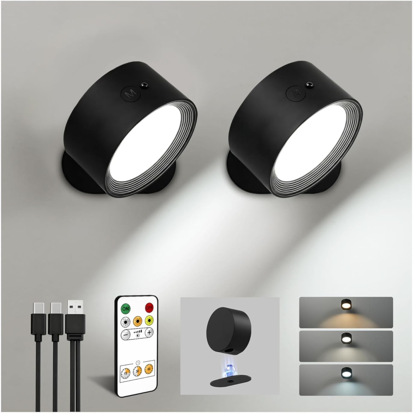Rechargeable LED Wall Lights, 2 Pack - 360 Degree Rotating, Remote and Touch, Black