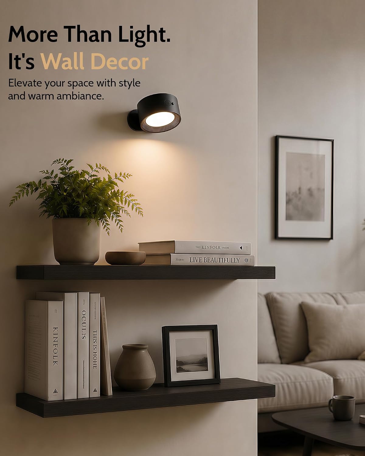 Rechargeable LED Wall Lights, 2 Pack - 360 Degree Rotating, Remote and Touch, Black