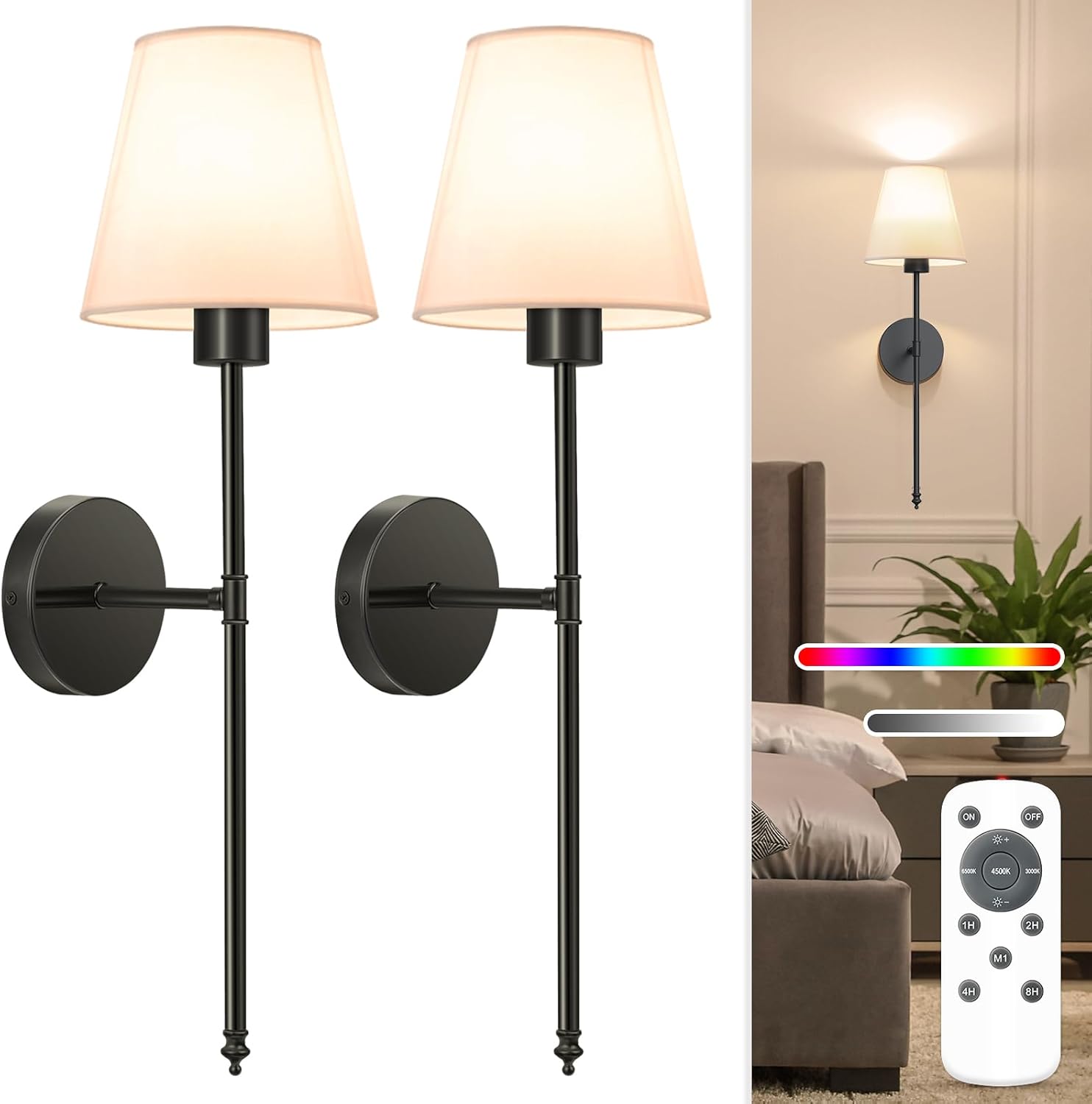 Rechargeable Wall Sconces, 10400 mAh - Set of 2, Black, 10 Colours with Remote